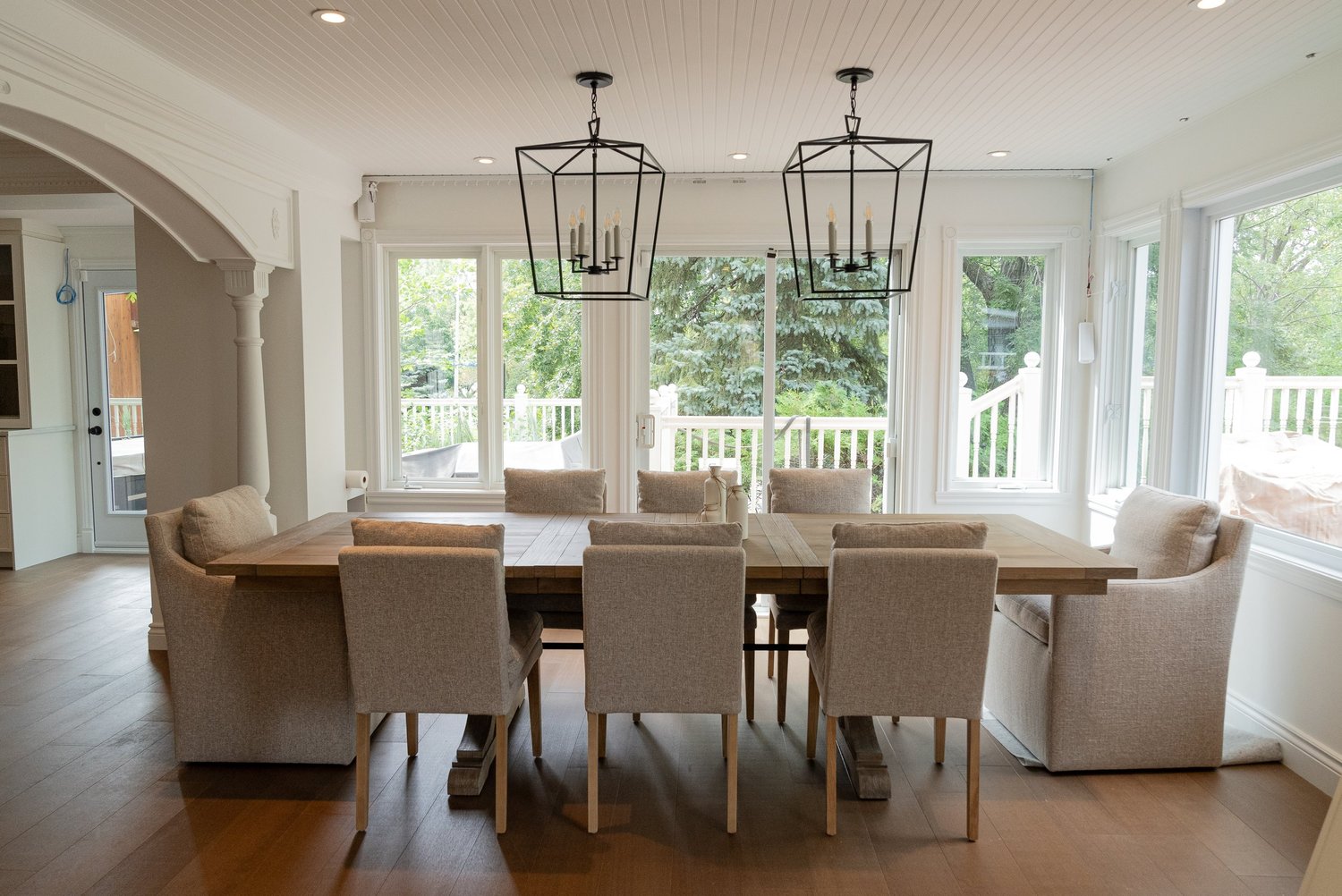 Remodelled interior with fireplace and built-in shelving
